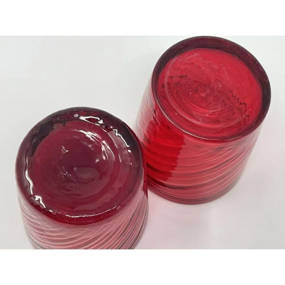 Handblown VALENCIA Garnet Ruby Red Optic Twist Tumbler Glasses 3.75” Set Of 2
